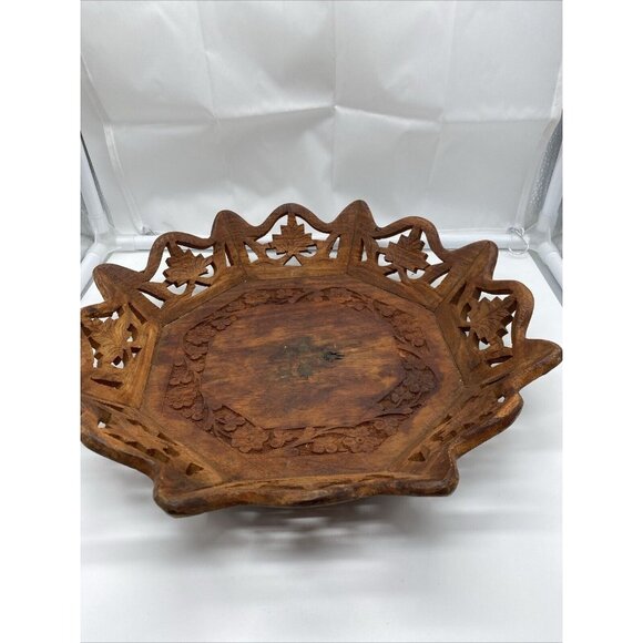 Vintage Octagonal Wood Serving 10.5" Tray Floral Center Hand Carved Artisan Boho - Picture 7 of 16